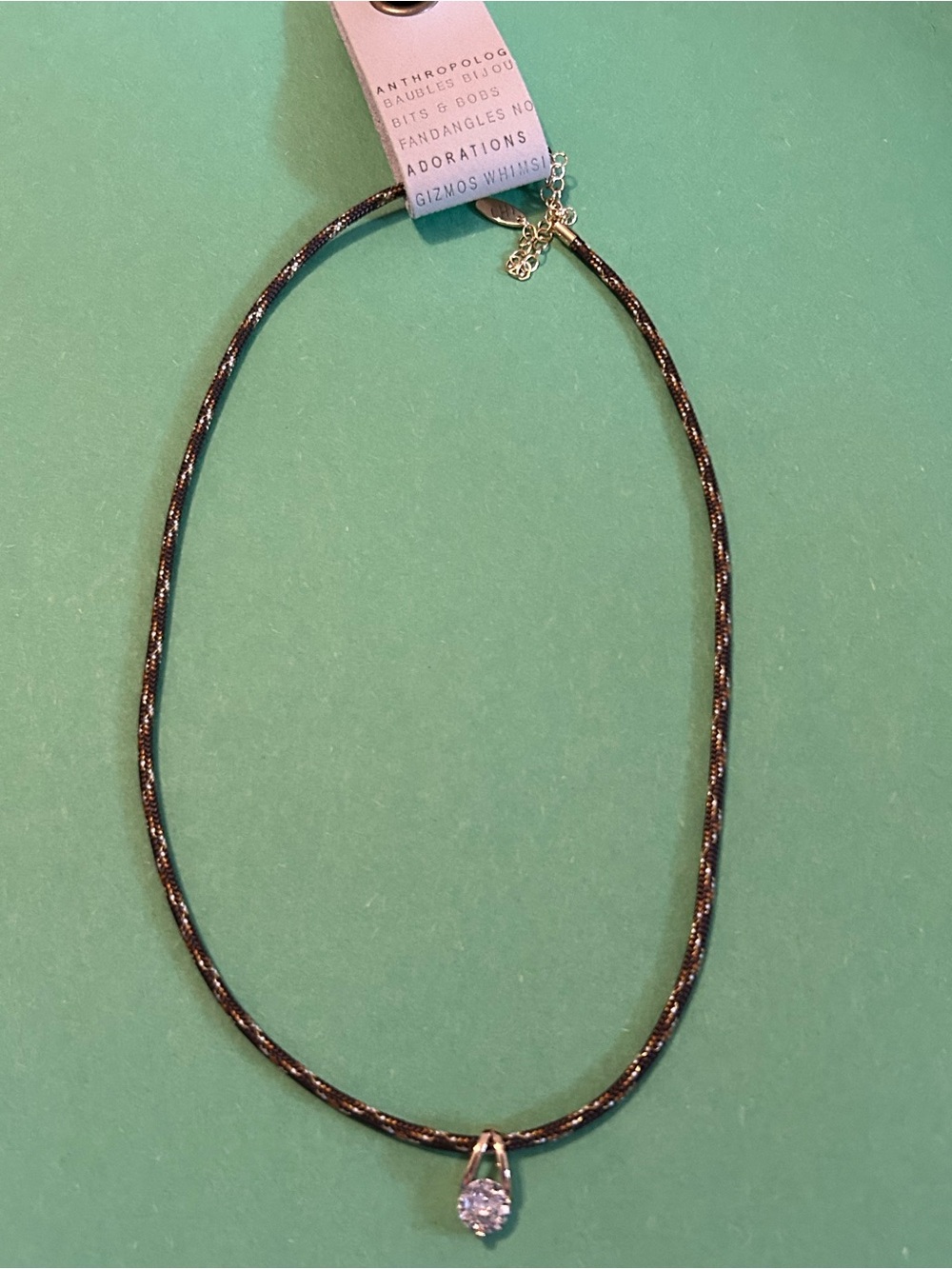 Anthropologie Black Sparkle Cord Necklace with Clear Teardrop Crystal
